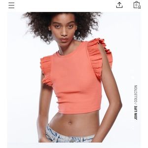 Zara | Tops | Zara Ruffled Sleeve Ribbed Coral Cropped Tshirt Top Sz L  Stretch | Poshmark